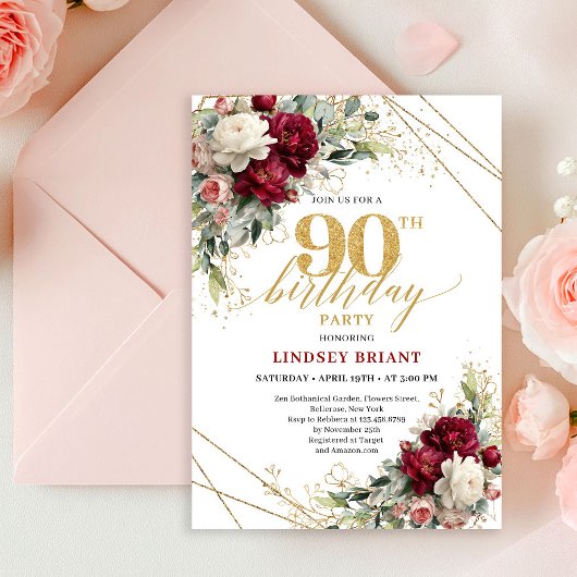 Romantic Deep Red Gold Floral 90th Birthday Invite Einladung