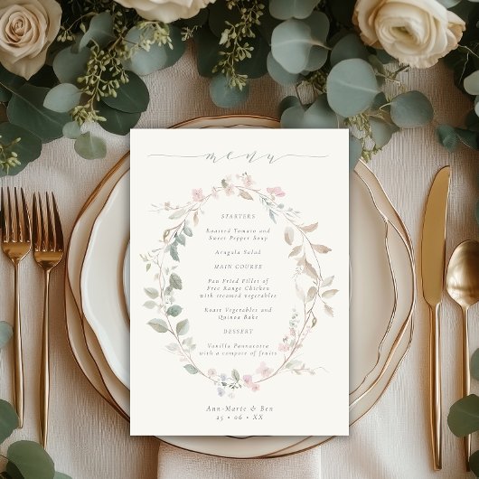 Romantic Delicate Blush Floral Wreath Wedding Menükarte