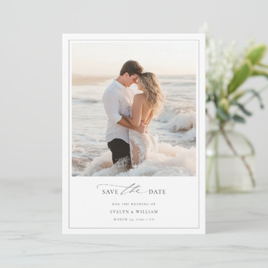 Romantic Destination Beach Foto Frame Wedding Save The Date (Stehend Vorderseite)