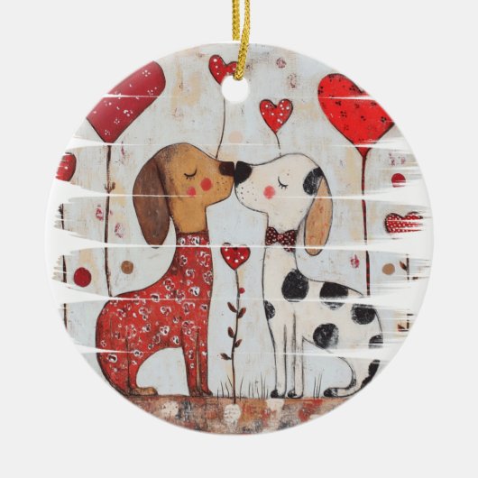 Romantic Dogs with Heart Balloons Keramik Ornament (Vorne)