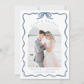 Romantic Doodle Coquette Bow Blue Wedding Photo Dankeskarte (Vorderseite)