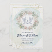 Romantic Doves Pink Floral Watercolor Wedding Einladung (Vorne/Hinten)
