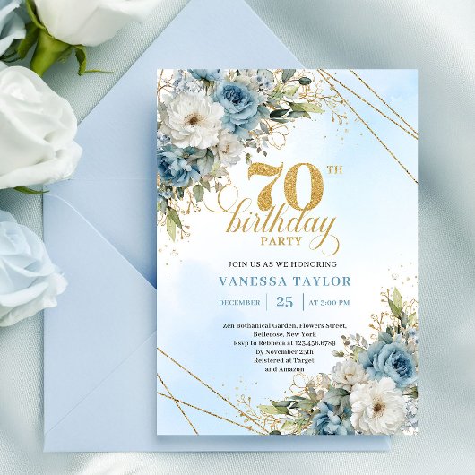 Romantic Dusty Blue 70th Birthday Invite Einladung