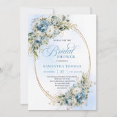 Romantic Dusty Blue Eucalyptus Gold Bridal Shower Einladung (Vorderseite)