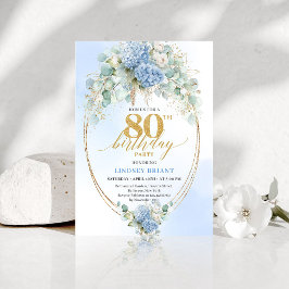 Romantic Dusty Blue Floral Gold 80th Birthday Einladung