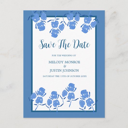 Romantic Dusty Blue Floral Save the Date Ankündigungspostkarte (Vorderseite)