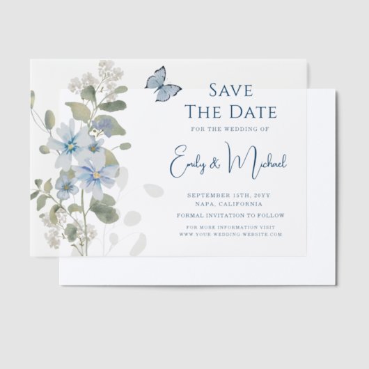 Romantic Dusty Blue Floral Save the Date Hochzeit Pergament Einladungen (Versetzt)