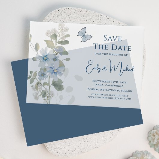 Romantic Dusty Blue Floral Save the Date Hochzeit Pergament Einladungen