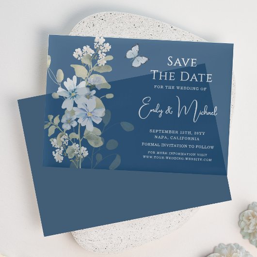 Romantic Dusty Blue Floral Save the Date Hochzeit Pergament Einladungen