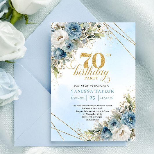 Romantic dusty blue florals gold frame 70 birthday einladung