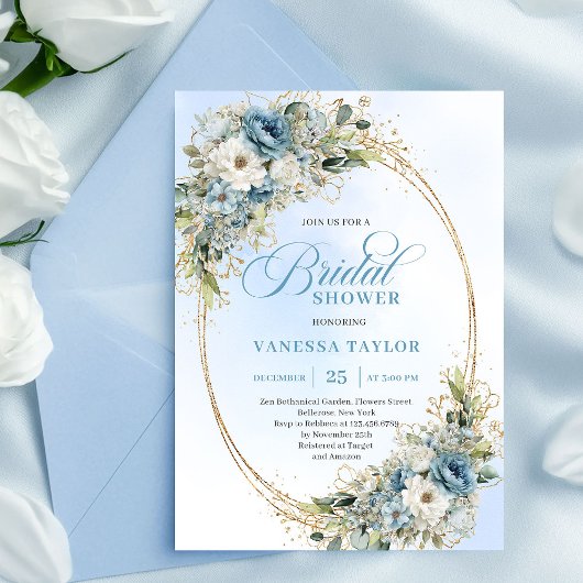 Romantic Dusty Blue Flowers Bridal Shower Invite Einladung