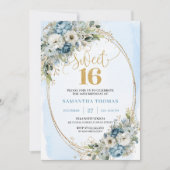 Romantic Dusty Blue Flowers Sweet Sixteen Invites Einladung (Vorderseite)