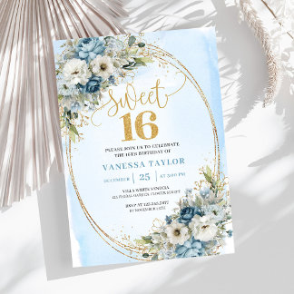 Romantic Dusty Blue Flowers Sweet Sixteen Invites Einladung