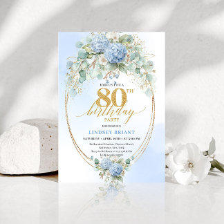 Romantic Dusty Blue Garden 80th Birthday Invite Einladung