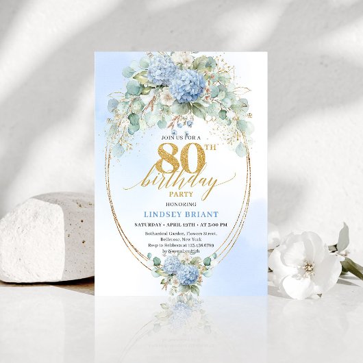 Romantic Dusty Blue Garden 80th Birthday Invite Einladung