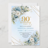 Romantic Dusty Blue Gold Frame 90th Birthday Card Einladung (Vorderseite)