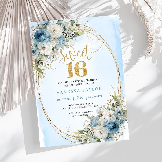 Romantic Dusty Blue Greenery Sweet Sixteen Invite Einladung
