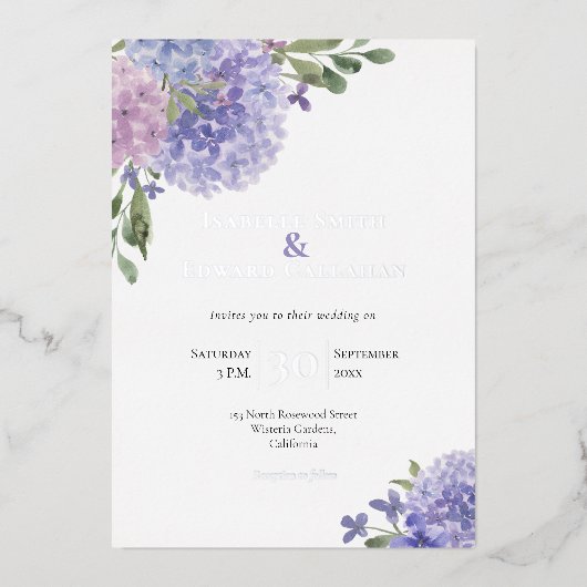 Romantic Dusty Blue & Lilac Watercolor Hydrangeas Folieneinladung (Vorderseite)