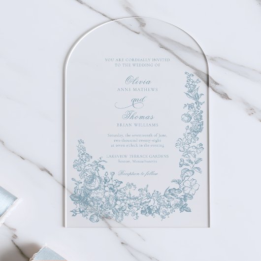 Romantic Dusty Blue Line Art Floral Wedding Acryleinladungen