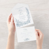 Romantic Dusty Blue Line Art Floral Wedding All In One Einladung (Abreißen)