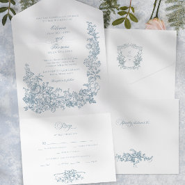 Romantic Dusty Blue Line Art Floral Wedding All In One Einladung