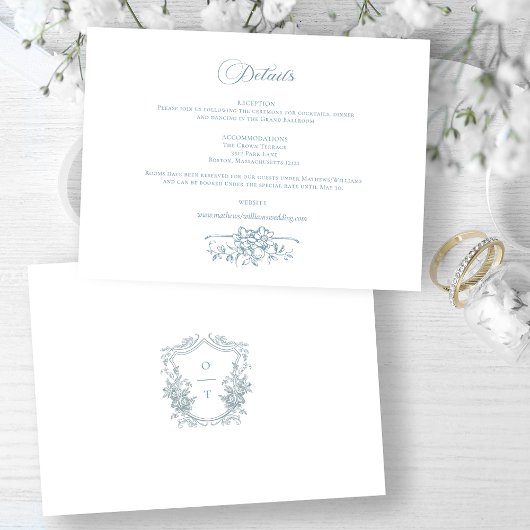 Romantic Dusty Blue Line Art Floral Wedding Begleitkarte