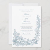 Romantic Dusty Blue Line Art Floral Wedding Einladung (Vorderseite)