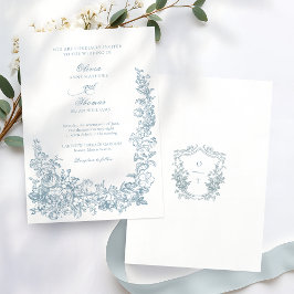 Romantic Dusty Blue Line Art Floral Wedding Einladung