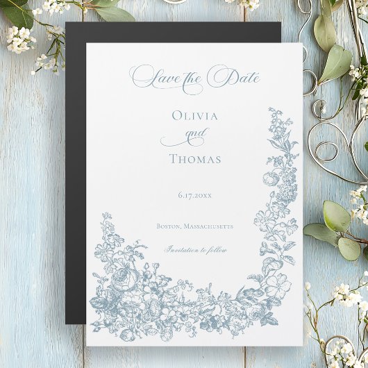 Romantic Dusty Blue Line Art Floral Wedding Magneteinladung