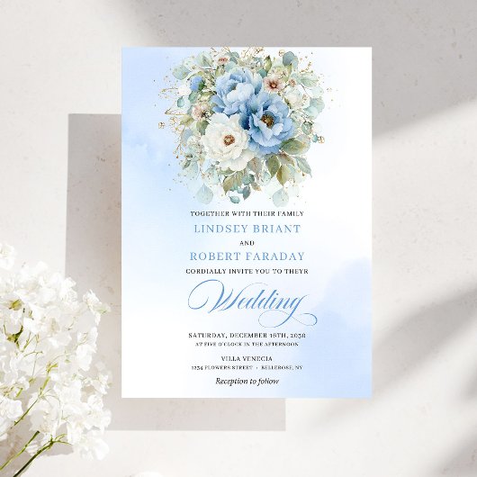 Romantic Dusty Blue Peony Garden Wedding Invite Einladung