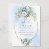 Romantic Dusty Blue Peony Gold Floral Sweet 16th Einladung (Vorderseite)