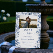 Romantic Dusty Blue Toile Floral Photo Save The Date