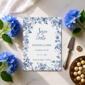 Romantic Dusty Blue Toile Floral with Photo Save The Date