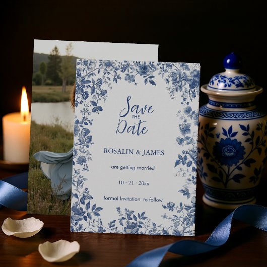 Romantic Dusty Blue Toile Floral with Photo Save The Date