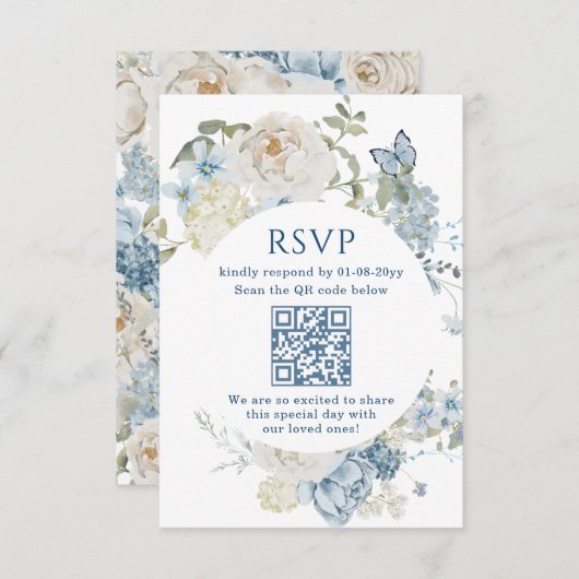 Romantic Dusty Blue Watercolor Floral Wedding RSVP (Vorne/Hinten)