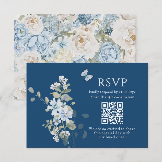 Romantic Dusty Blue Watercolor Floral Wedding RSVP (Vorne/Hinten)