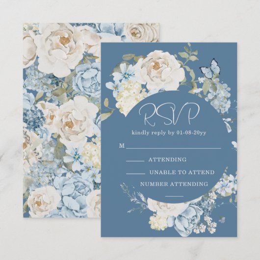 Romantic Dusty Blue Watercolor Floral Wedding RSVP (Vorne/Hinten)