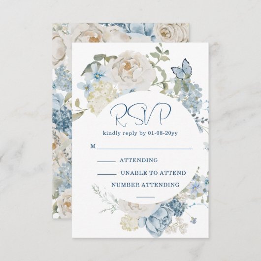 Romantic Dusty Blue Watercolor Floral Wedding RSVP (Vorne/Hinten)