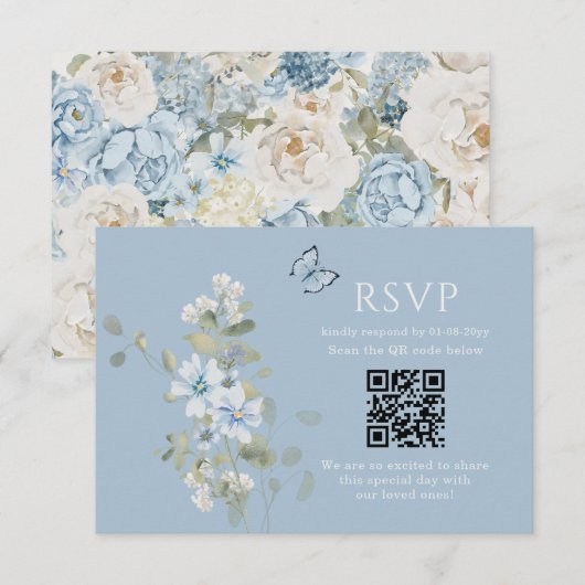 Romantic Dusty Blue Watercolor Floral Wedding RSVP (Vorne/Hinten)