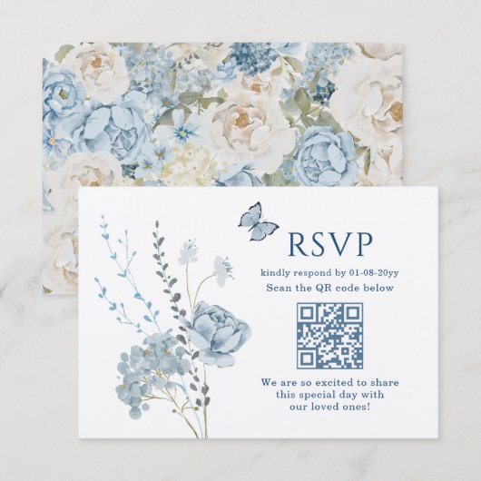 Romantic Dusty Blue Watercolor Floral Wedding RSVP (Vorne/Hinten)