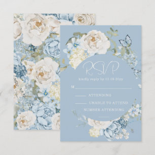 Romantic Dusty Blue Watercolor Floral Wedding RSVP Karte