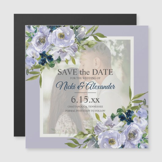 Romantic Dusty Blue White Floral Foto Rett Date Magneteinladung (Vorne/Hinten)