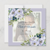 Romantic Dusty Blue White Floral Foto Rett Date Magneteinladung (Vorderseite)