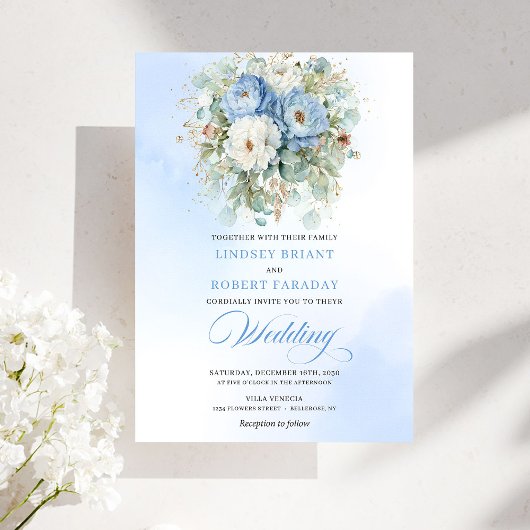 Romantic Dusty Blue White Flowers Download Wedding Einladung