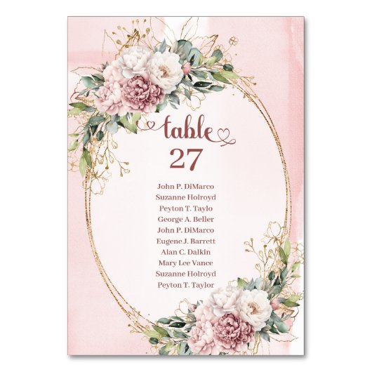 Romantic Dusty Pink Flowers Greenery Table Numbers Tischnummer (Vorderseite)