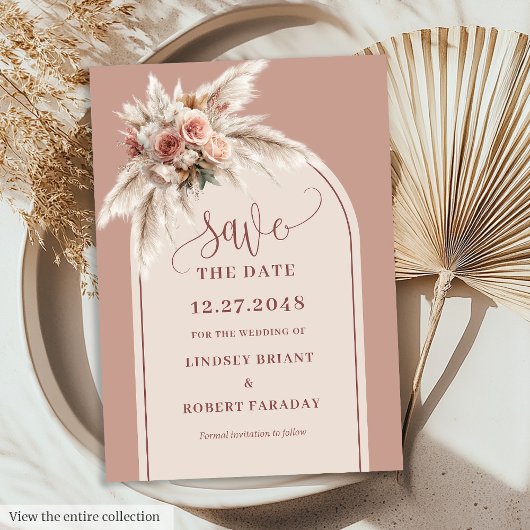 Romantic Dusty Pink Pampas Grass Arch Save Date Einladung