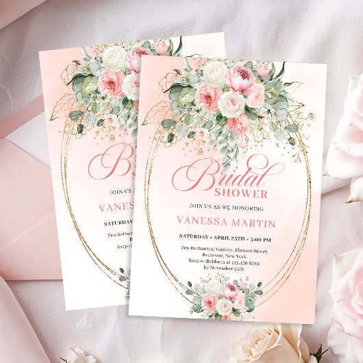 Romantic Dusty Rose Eucalyptus Gold Bridal Shower Einladung