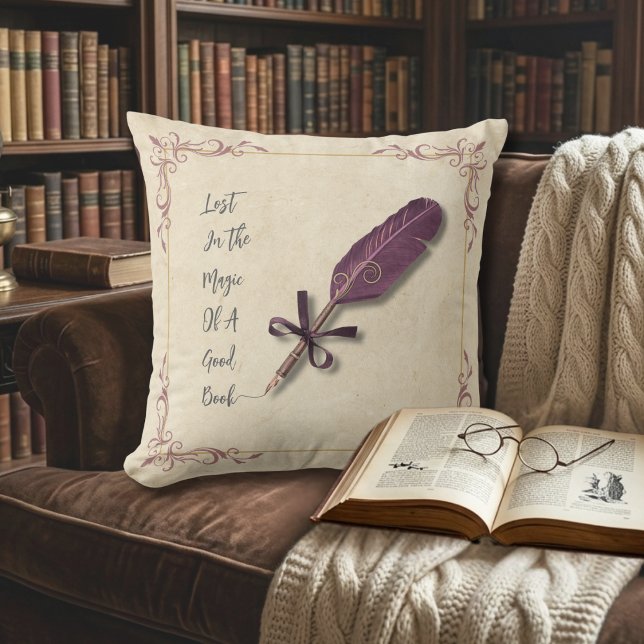 Romantic Dusty Rose Literary Quill Kissen (Create a cozy literary escape with this romantic dusty rose storybook throw pillow.)