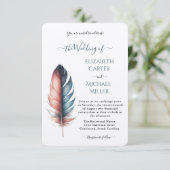 Romantic Dusty Rose Teal Feather Wedding Einladung (Stehend Vorderseite)