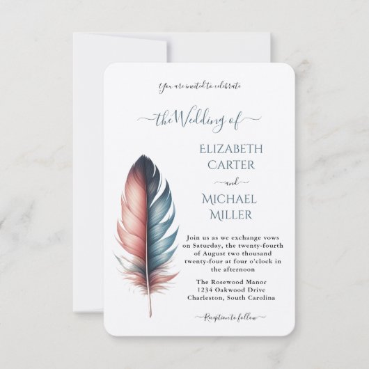 Romantic Dusty Rose Teal Feather Wedding Einladung (Vorderseite)